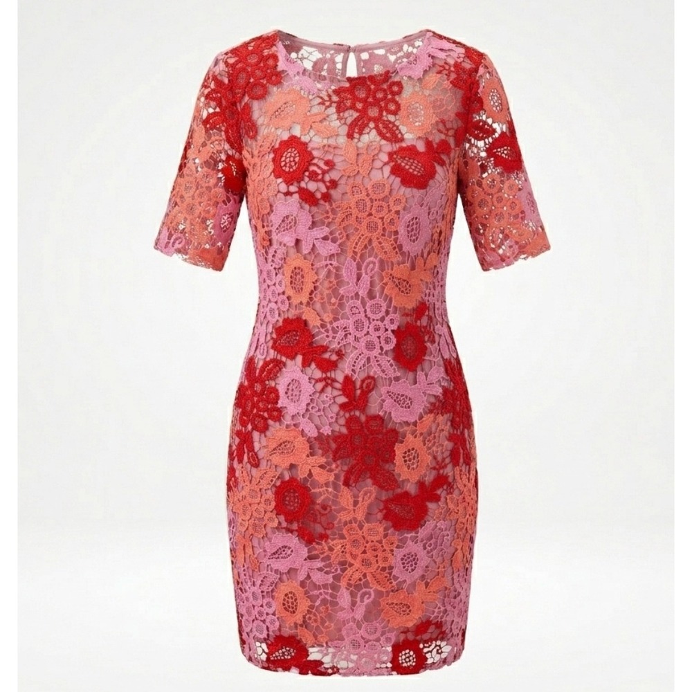 Kay Unger New York Floral Lace Sheath Dress Sz 4 Pink Red Short Sleeve Cocktail